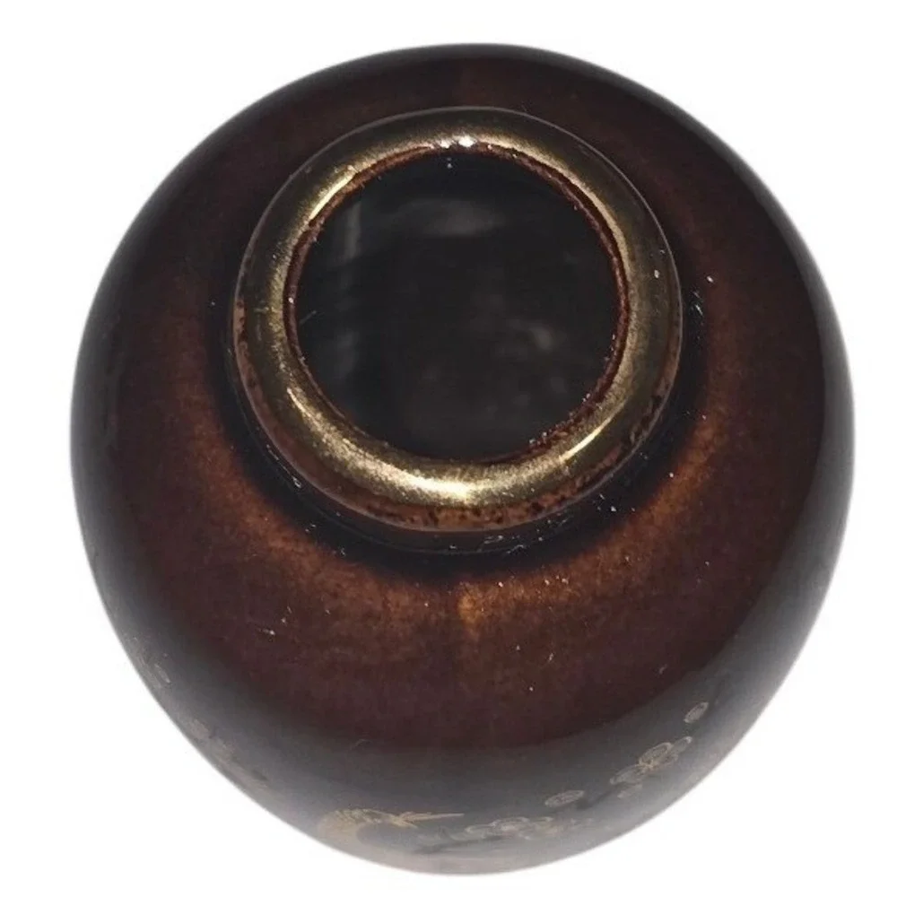 Vintage Japan‎ Peacock Floral Brown Glazed Ceramic Bud Vase Gold Gilt 4.75 Inch